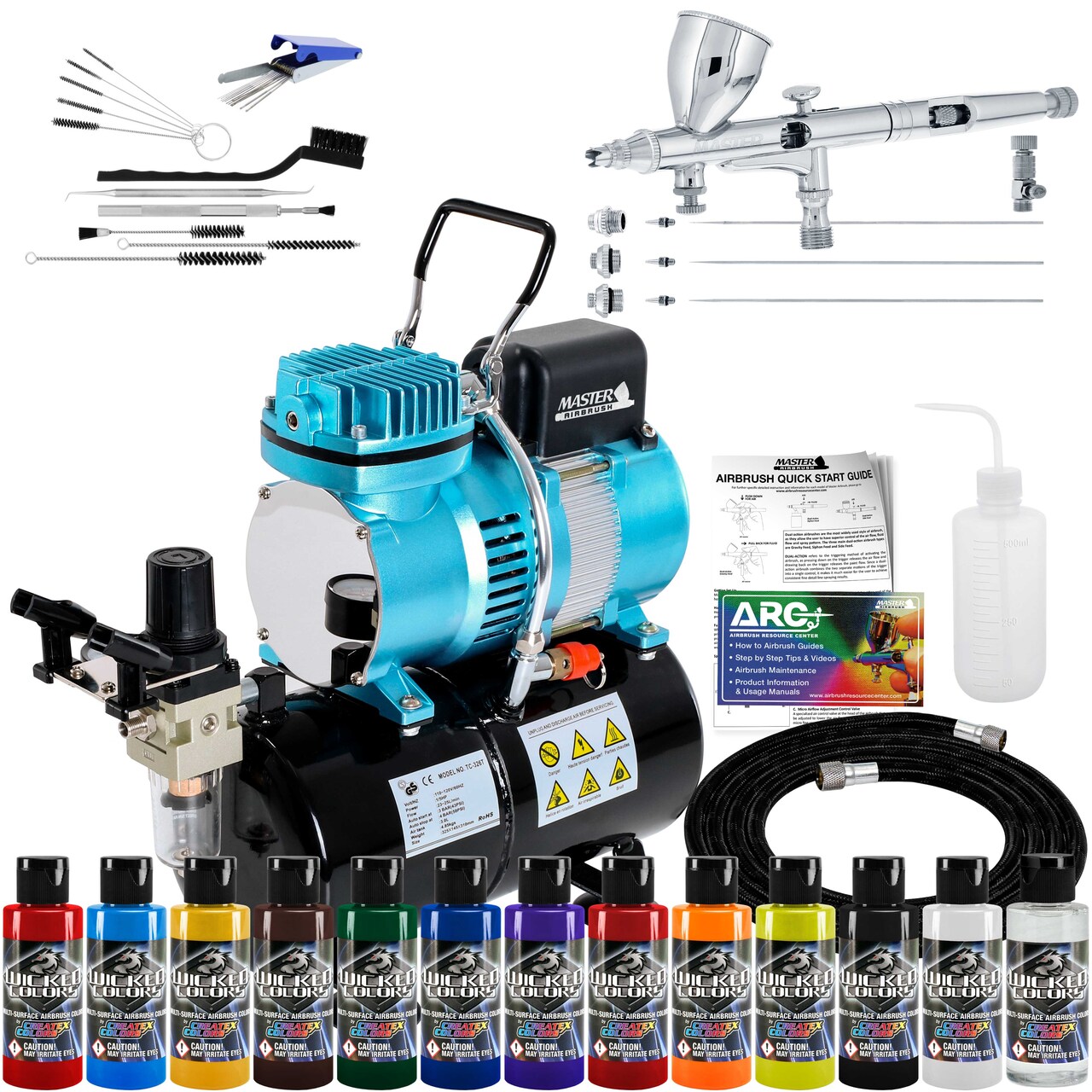 Master Airbrush Multi-Purpose Air Brush Kit with Air Compressor - G444 Airbrush, TC-326T Dual Fan Tank Compressor, 3 Needle Nozzle Tips, 12 Createx Wicked Acrylic Paints and Airbrush Cleaning Kit